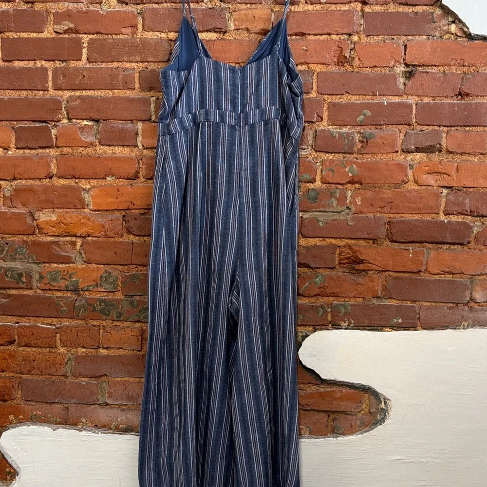 Gianni Bini Blue‎ Wide Leg Striped Cotton Blend Jumpsuit Size Large